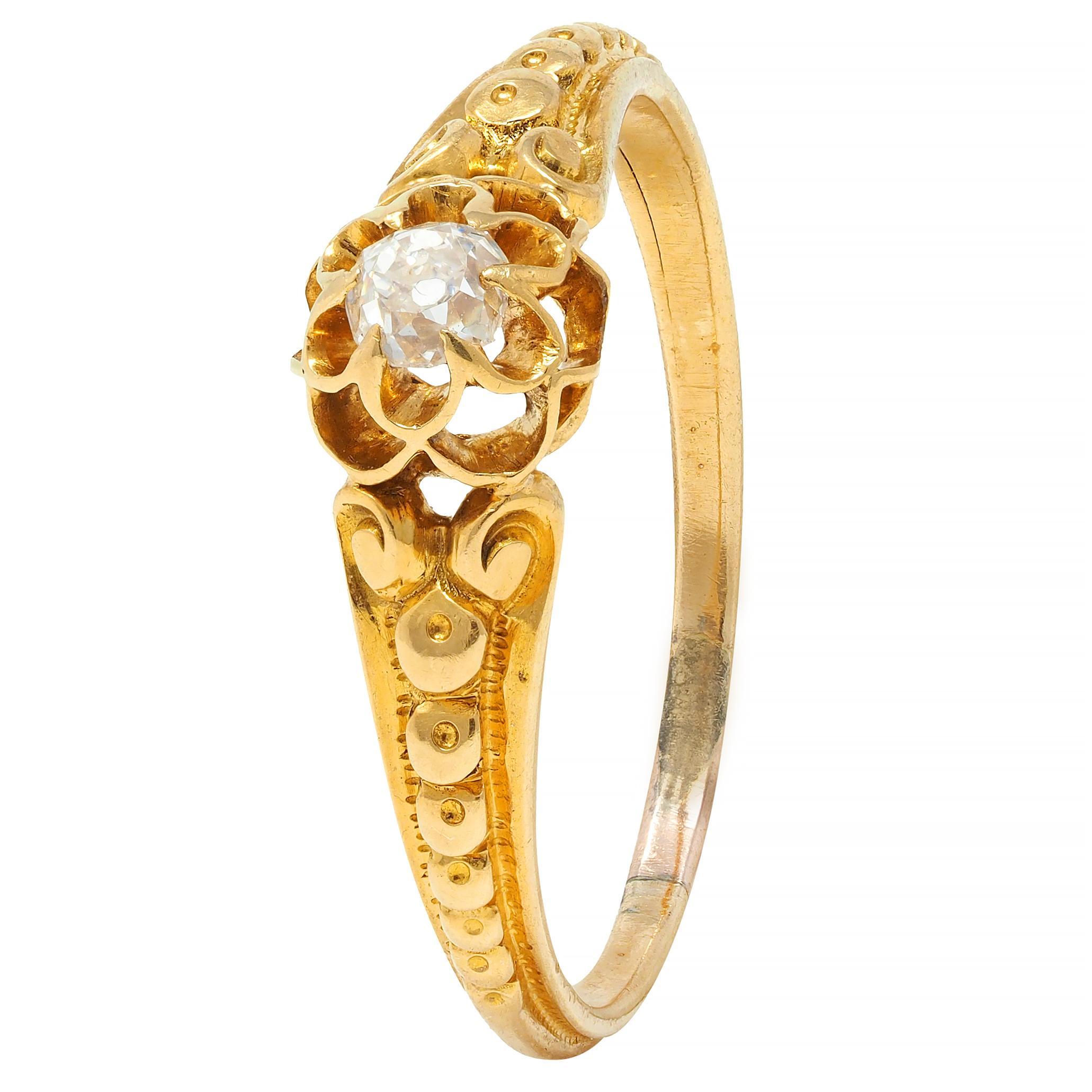 Victorian Old Mine Diamond 18 Karat Yellow Gold Belcher Antique Engagement Ring For Sale 3