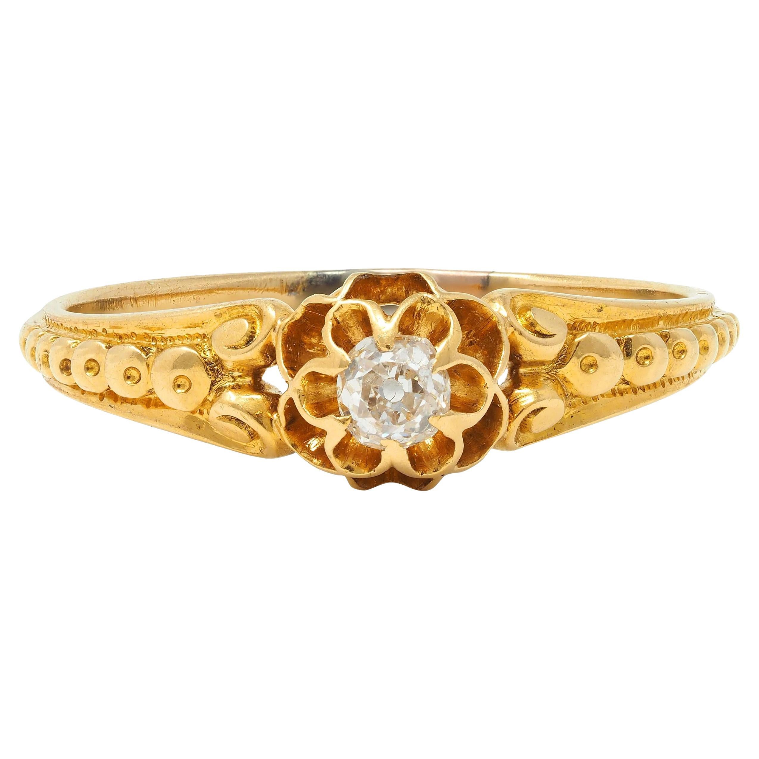 Victorian Old Mine Diamond 18 Karat Yellow Gold Belcher Antique Engagement Ring For Sale