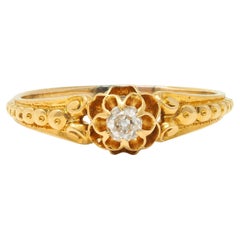Bague de fiançailles Belcher ancienne victorienne en or jaune 18 carats avec diamants taille vieille mine