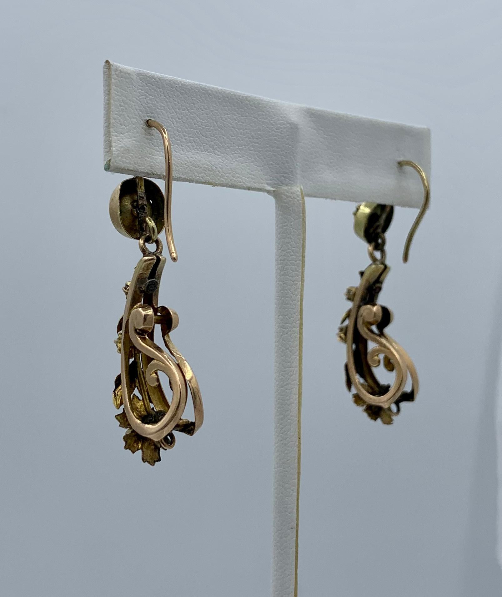 Victorian Old Mine Diamond Dangle Drop Flower Earrings 14 Karat Gold Rare 5