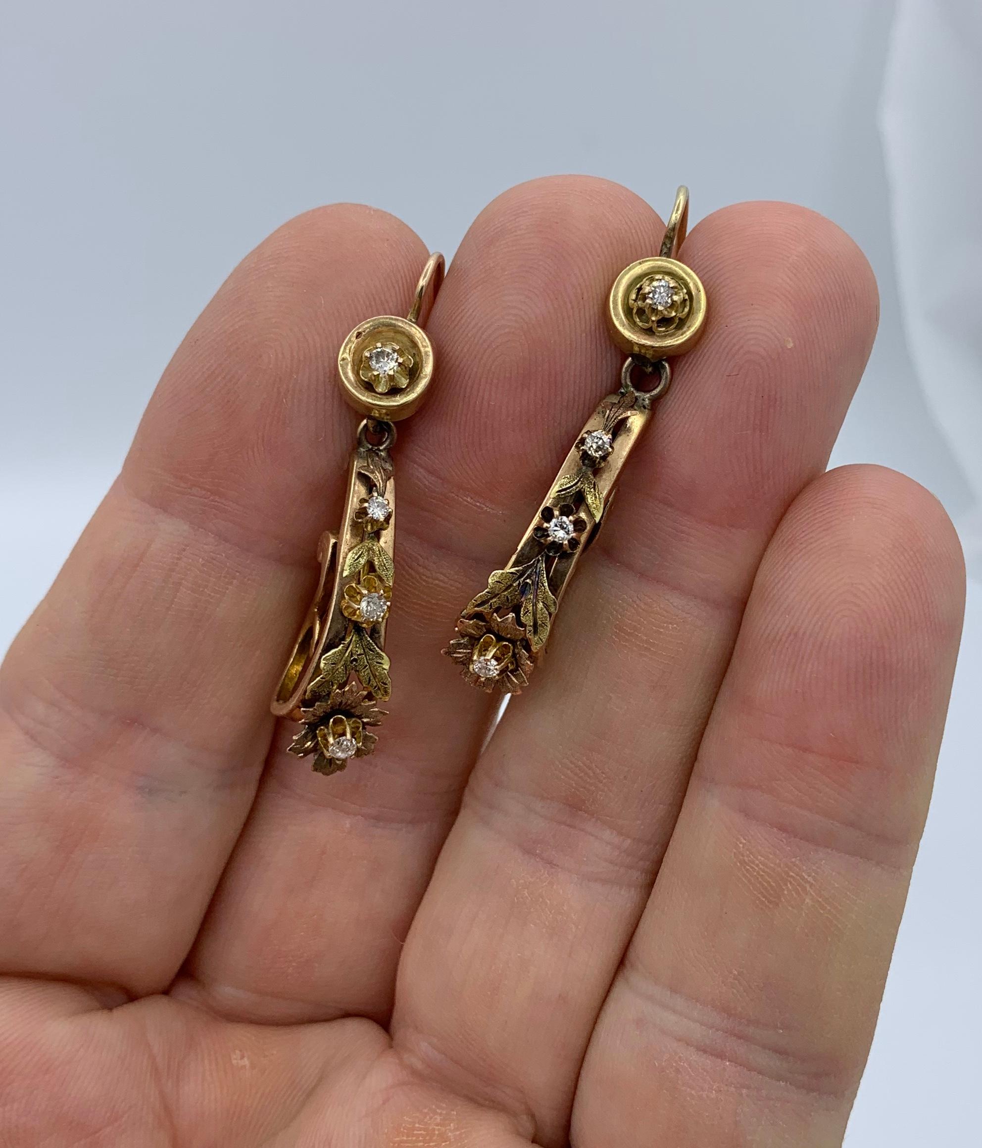 Old Mine Cut Victorian Old Mine Diamond Dangle Drop Flower Earrings 14 Karat Gold Rare