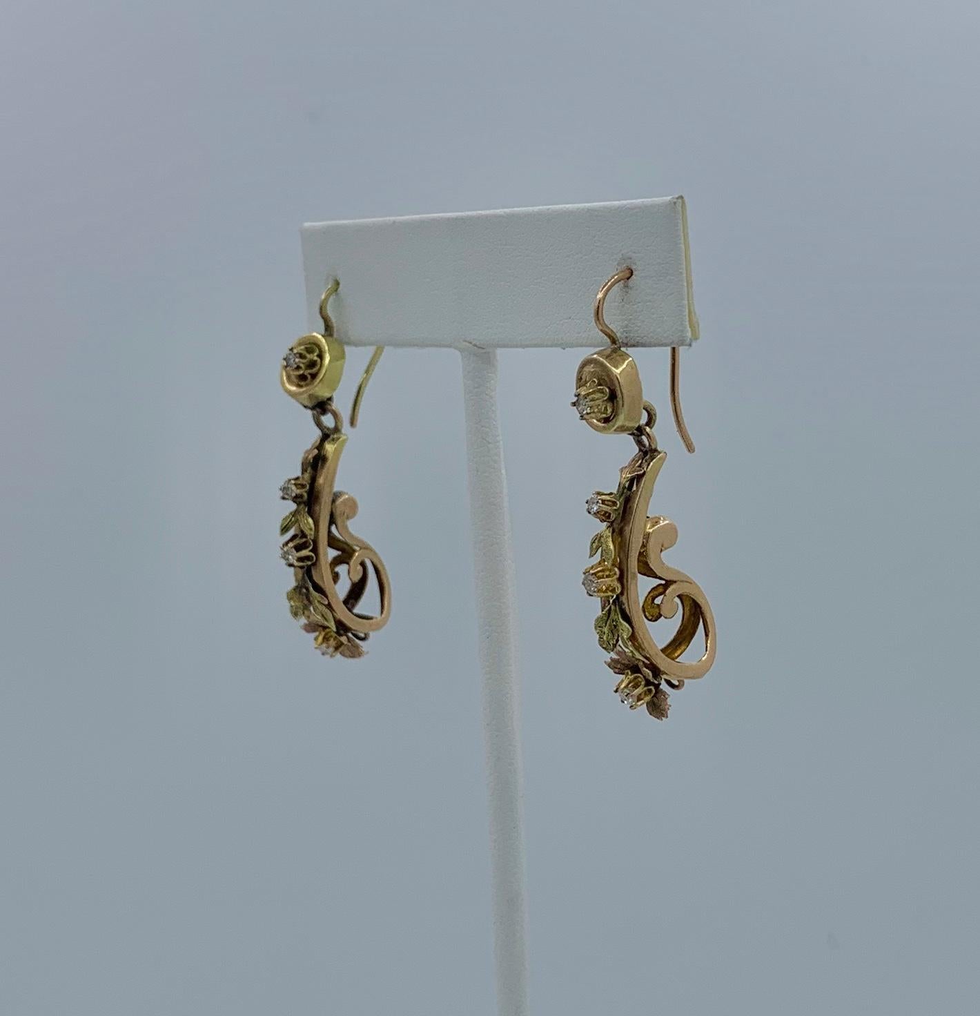 Women's Victorian Old Mine Diamond Dangle Drop Flower Earrings 14 Karat Gold Rare