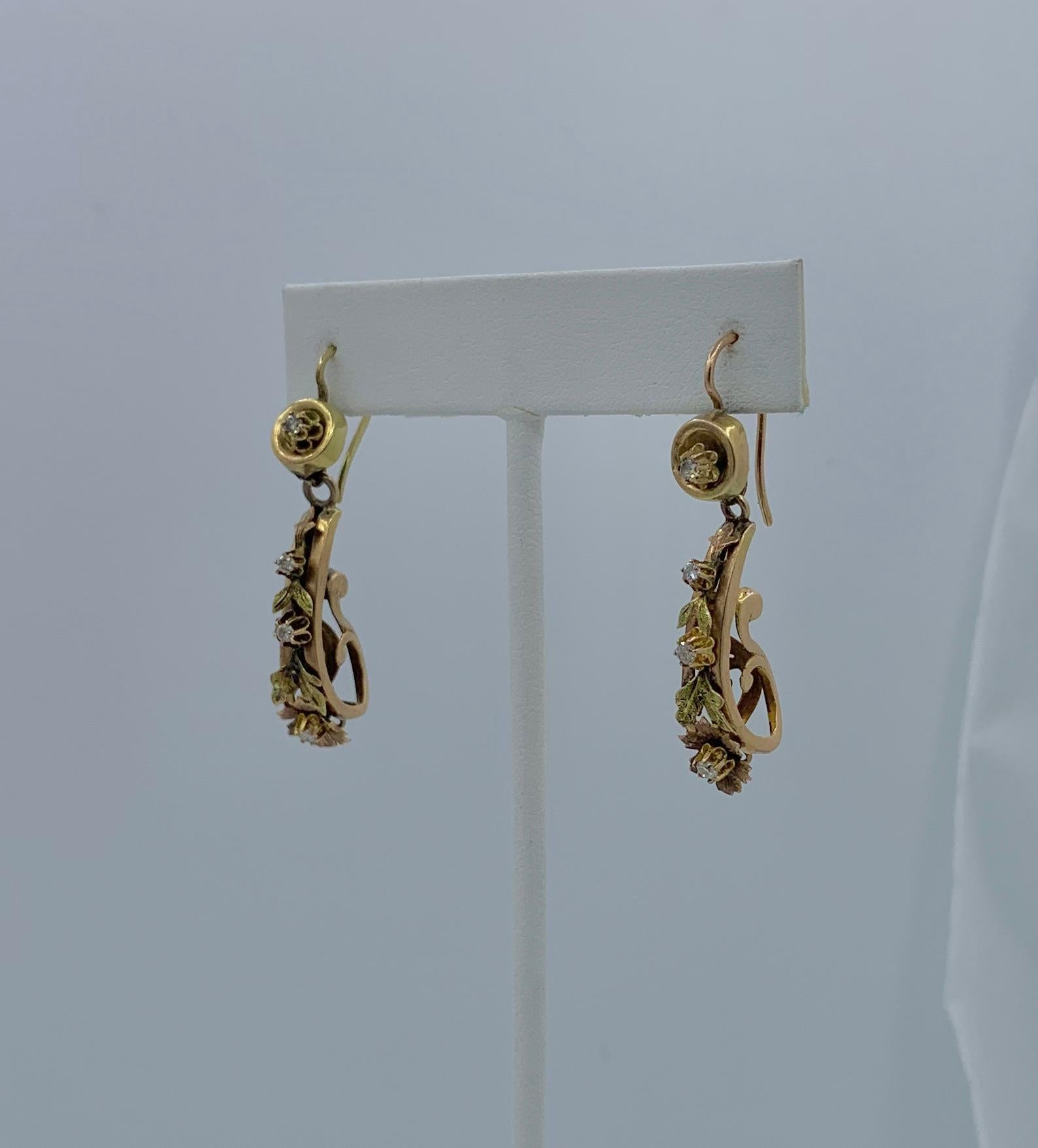 Victorian Old Mine Diamond Dangle Drop Flower Earrings 14 Karat Gold Rare 2