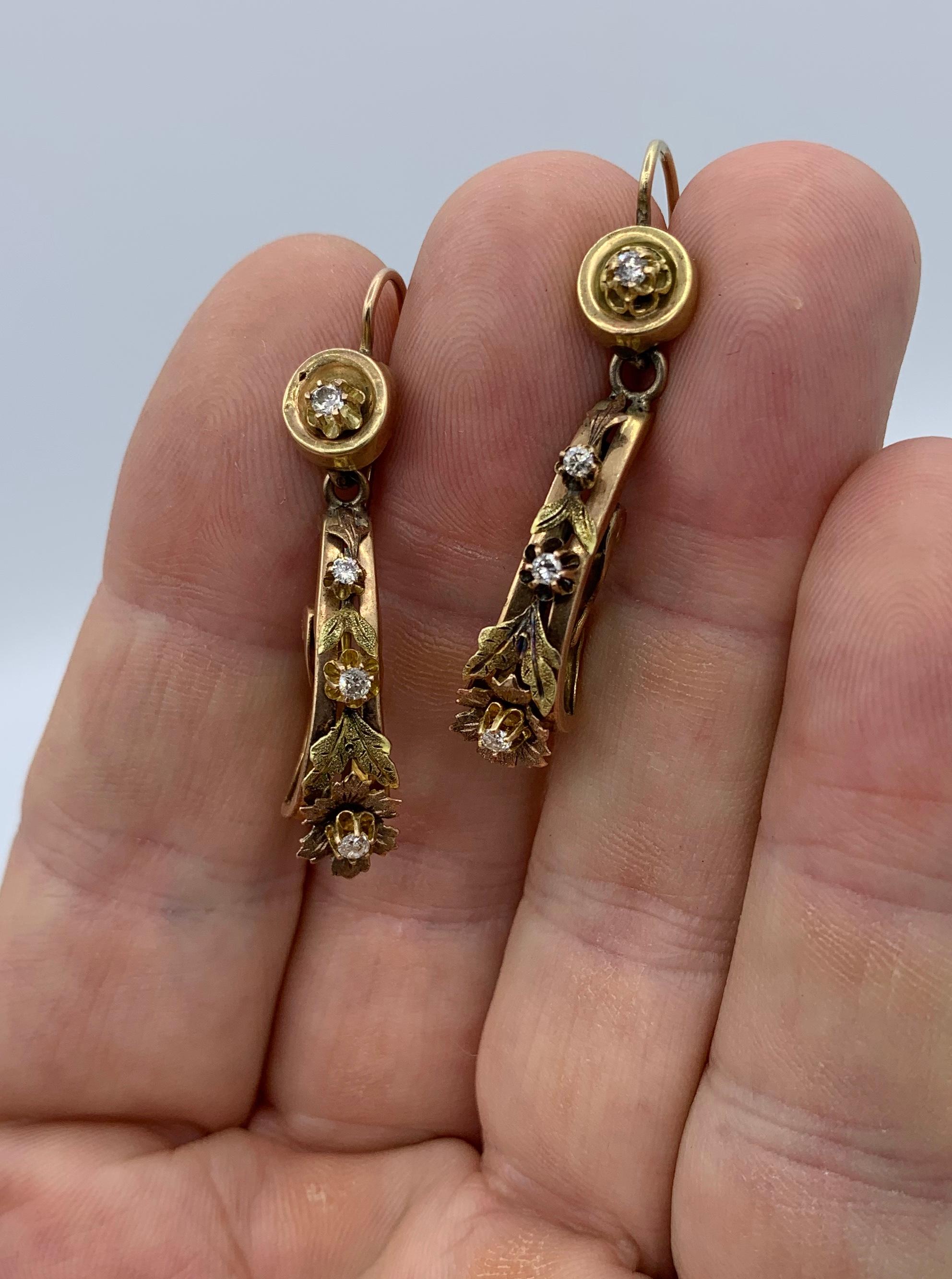 Victorian Old Mine Diamond Dangle Drop Flower Earrings 14 Karat Gold Rare 3