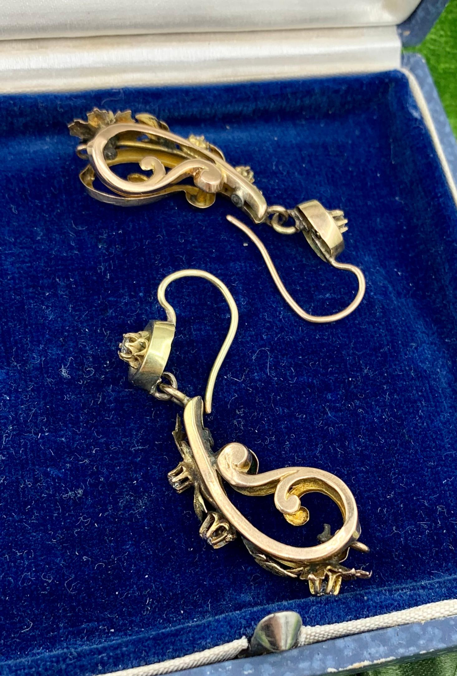 Victorian Old Mine Diamond Dangle Drop Flower Earrings 14 Karat Gold Rare 4