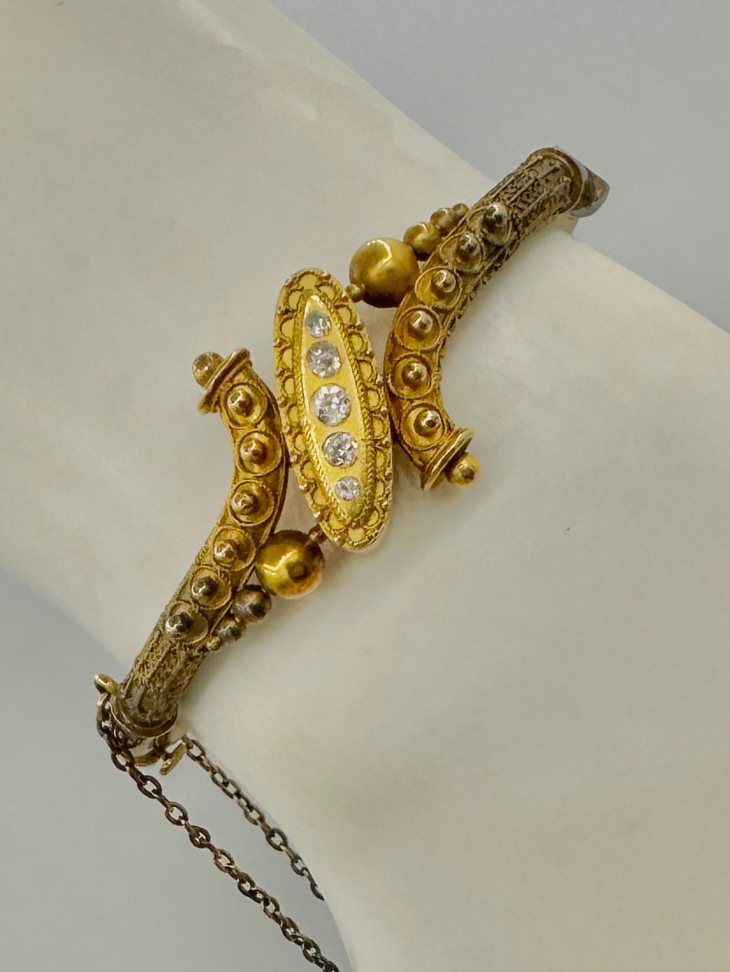 Old Mine Cut Victorian Old Mine Diamond Etruscan Revival Gold Bangle Bracelet For Sale