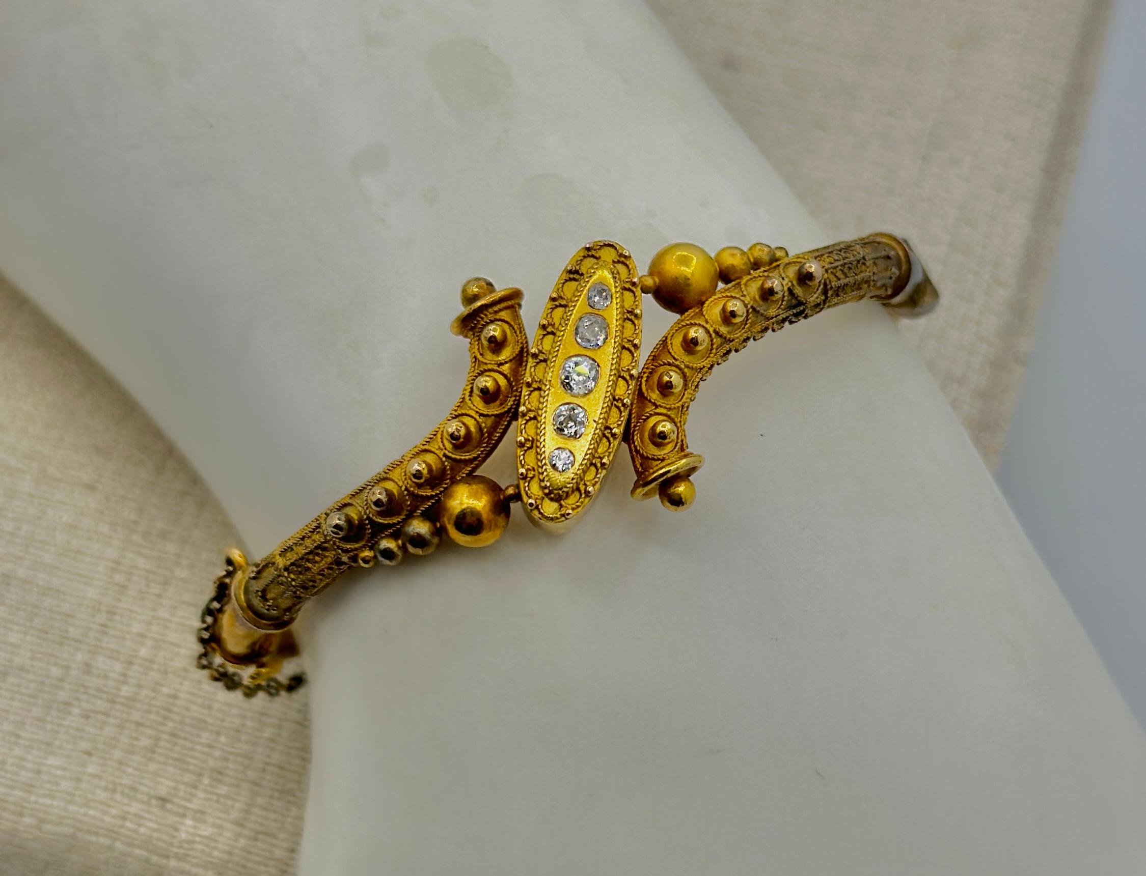 Victorian Old Mine Diamond Etruscan Revival Gold Bangle Bracelet In Good Condition For Sale In New York, NY