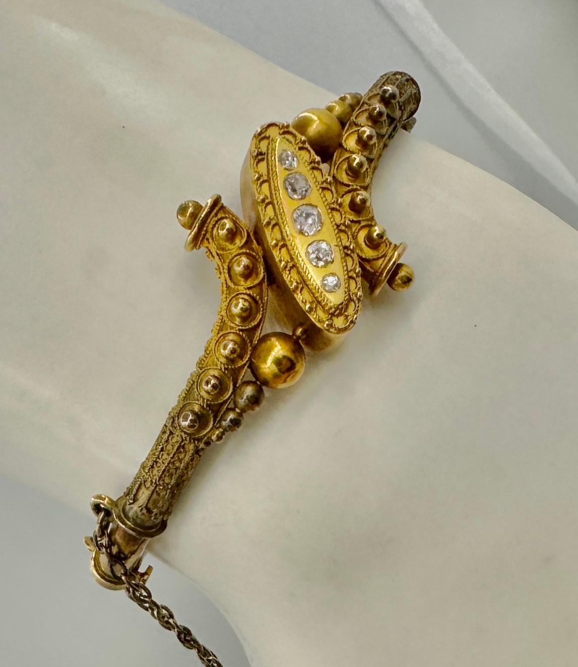 Women's Victorian Old Mine Diamond Etruscan Revival Gold Bangle Bracelet For Sale