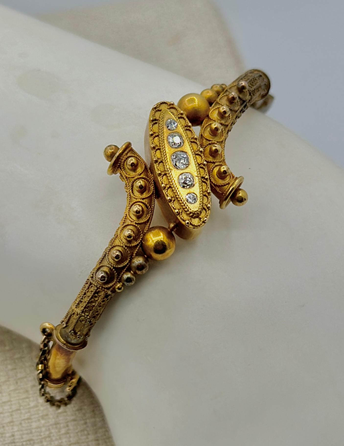 Victorian Old Mine Diamond Etruscan Revival Gold Bangle Bracelet For Sale 1