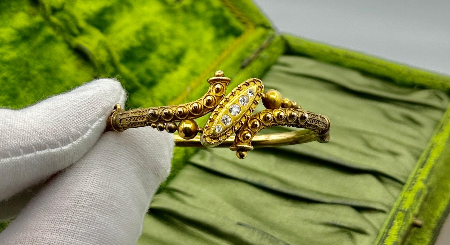 Victorian Old Mine Diamond Etruscan Revival Gold Bangle Bracelet For Sale 2