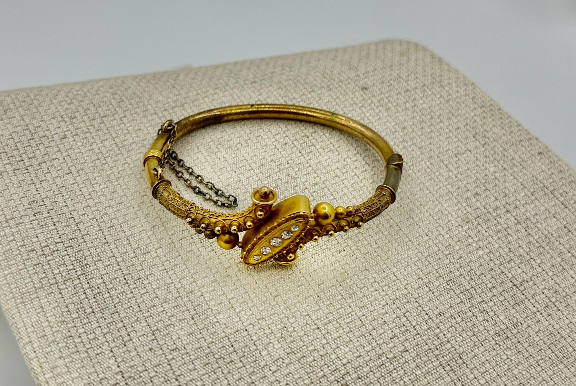 Victorian Old Mine Diamond Etruscan Revival Gold Bangle Bracelet For Sale 3