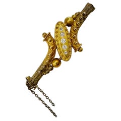 Pulsera brazalete victoriana de oro con diamantes del renacimiento etrusco de las minas antiguas