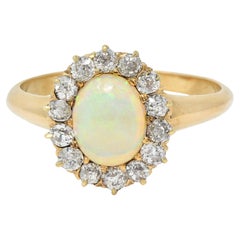 Victorian Old Mine Diamond Opal Cabochon 14 Karat Gold Antique Cluster Ring