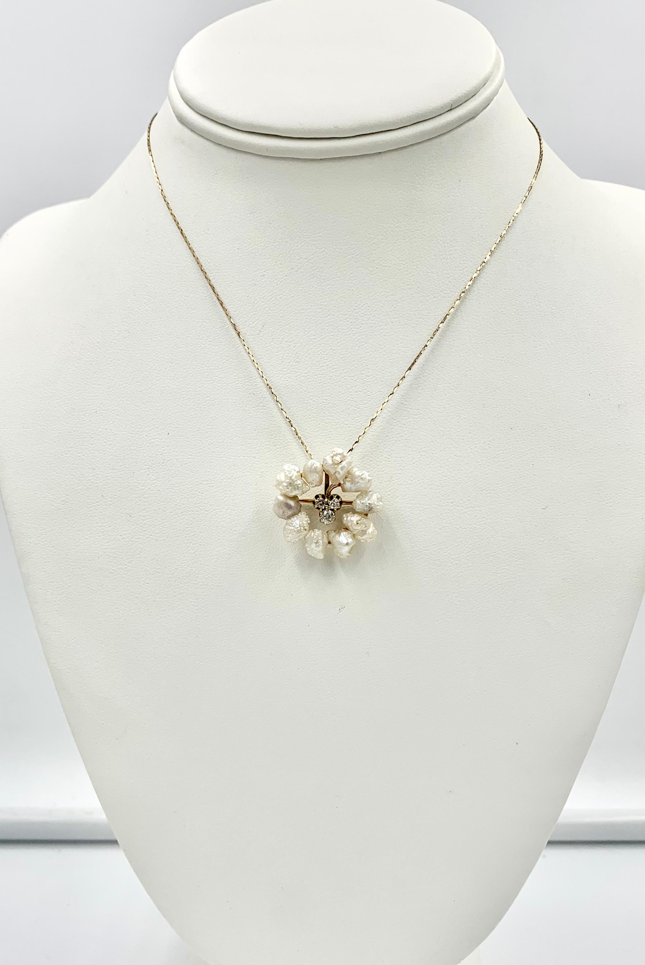 Women's Victorian Old Mine Diamond Pearl Clover Shamrock Pendant Necklace Belle Epoque For Sale