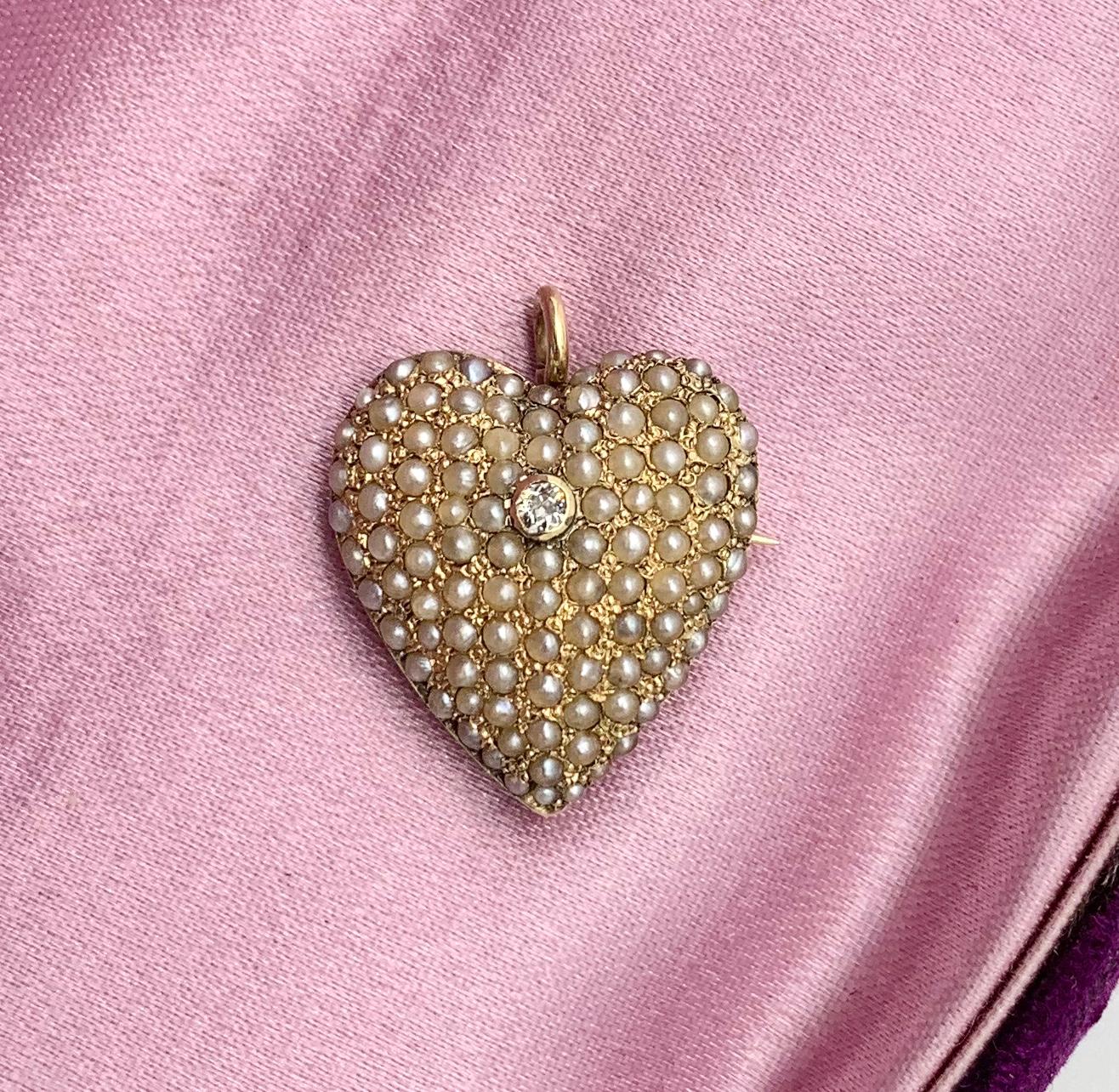 Old Mine Cut Victorian Old Mine Diamond Pearl Heart Pendant Brooch 14 Karat Gold Antique For Sale