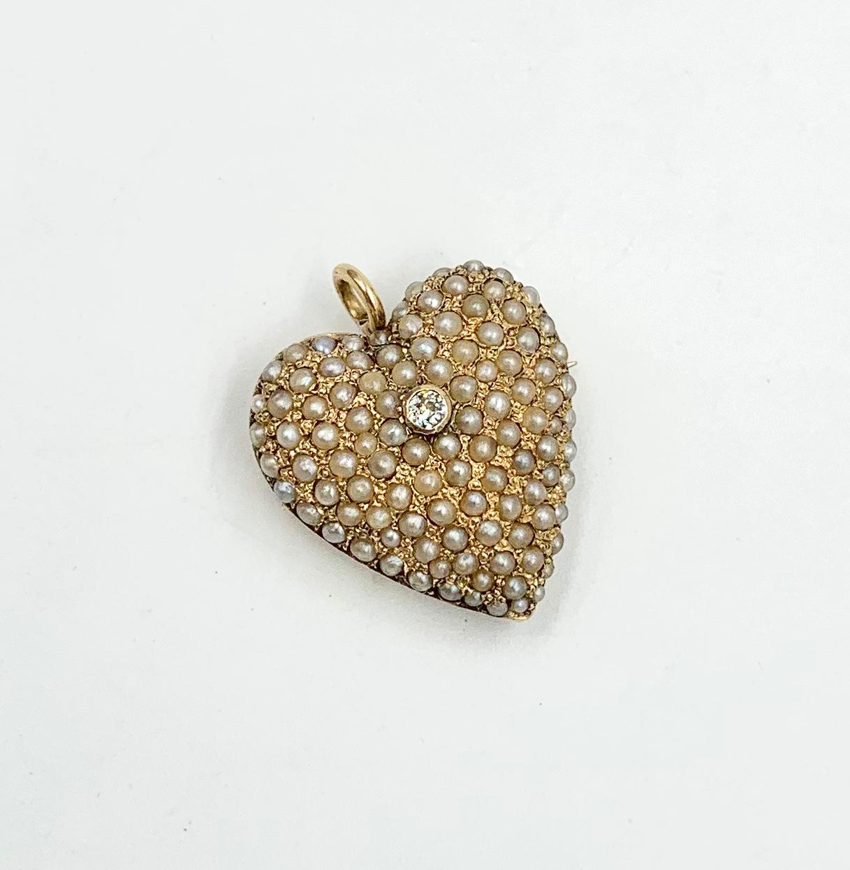Women's Victorian Old Mine Diamond Pearl Heart Pendant Brooch 14 Karat Gold Antique For Sale