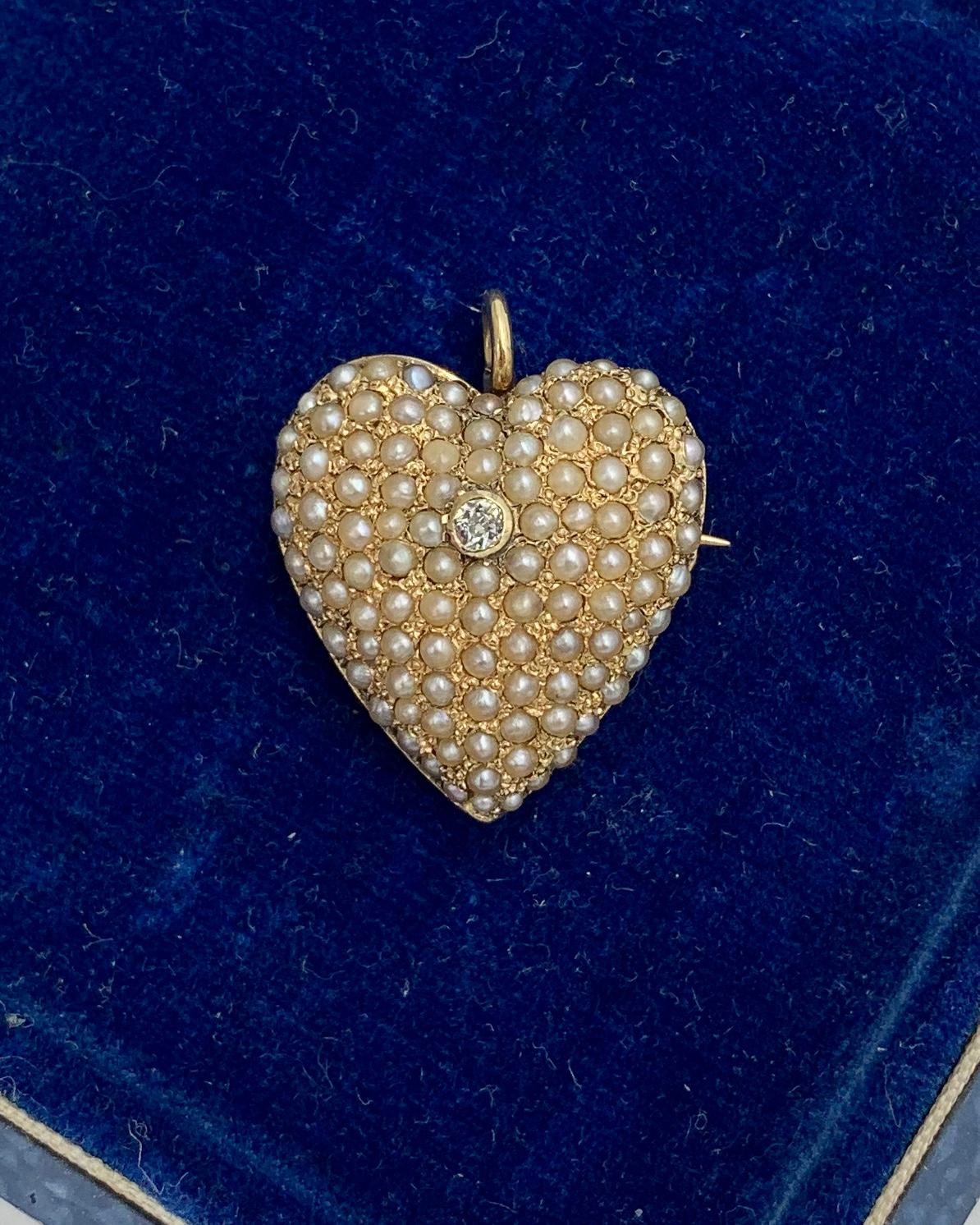 Old Mine Cut Victorian Old Mine Diamond Pearl Heart Pendant Brooch 14 Karat Gold Antique