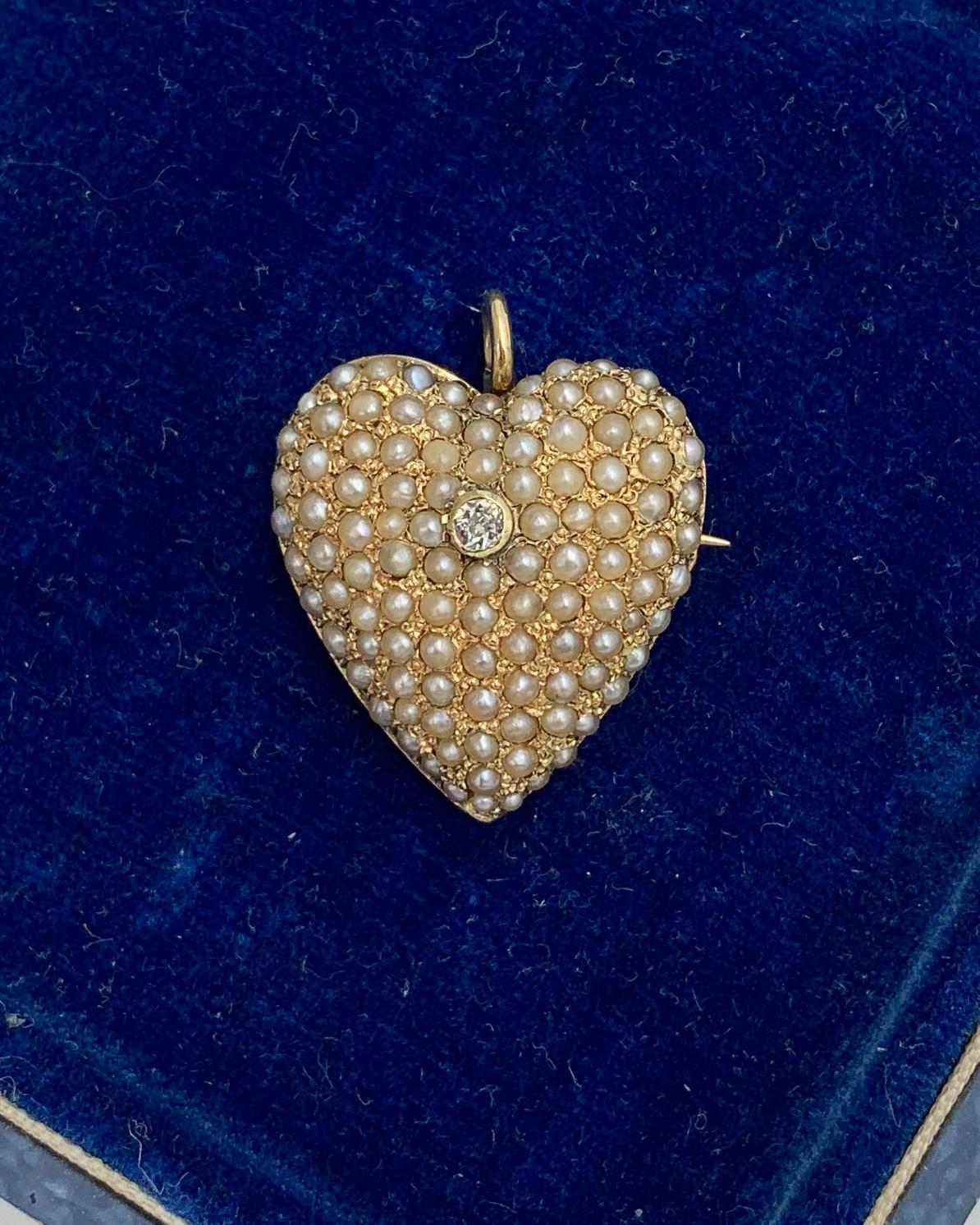 Victorian Old Mine Diamond Pearl Heart Pendant Brooch 14 Karat Gold Antique For Sale 1