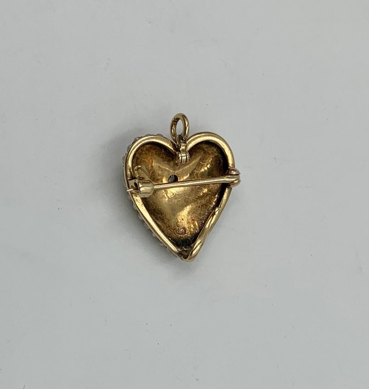 Victorian Old Mine Diamond Pearl Heart Pendant Brooch 14 Karat Gold Antique For Sale 2