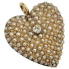 Victorian Old Mine Diamond Pearl Heart Pendant Brooch 14 Karat Gold Vintage