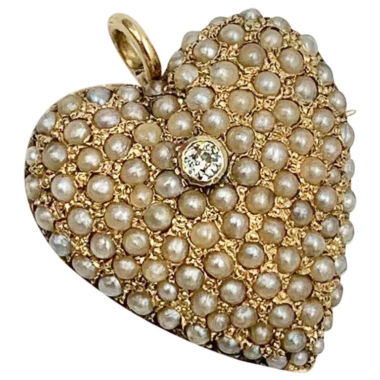 Victorian Old Mine Diamond Pearl Heart Pendant Brooch 14 Karat Gold Antique For Sale