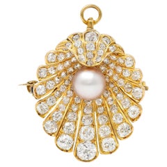 Victorian Old Mine Diamond Shell Pearl 14 Karat Gold Antique Pendant Brooch
