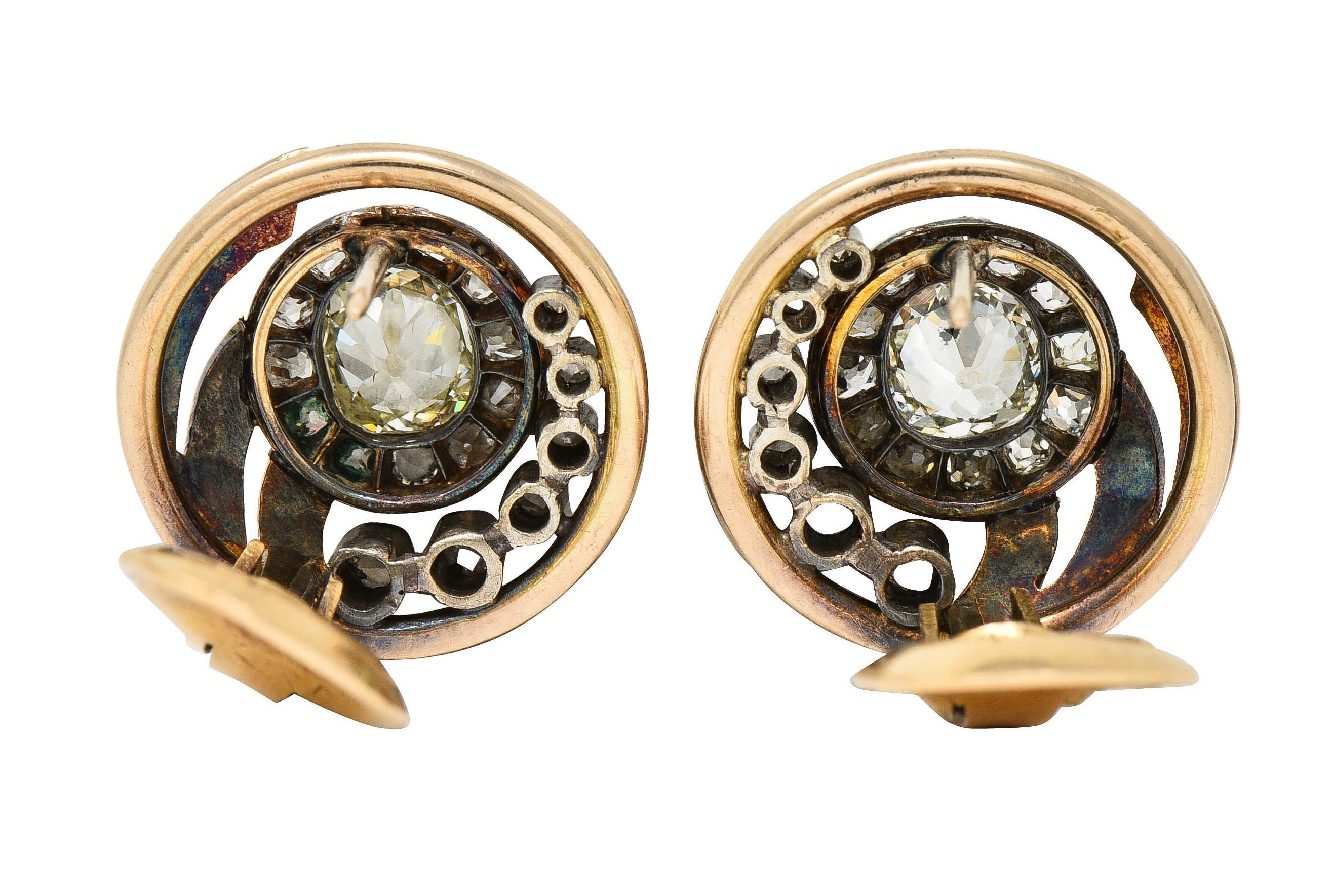 Victorian Old Mine Diamond Silver 14 Karat Rose Gold Circle Antique Earrings For Sale 1