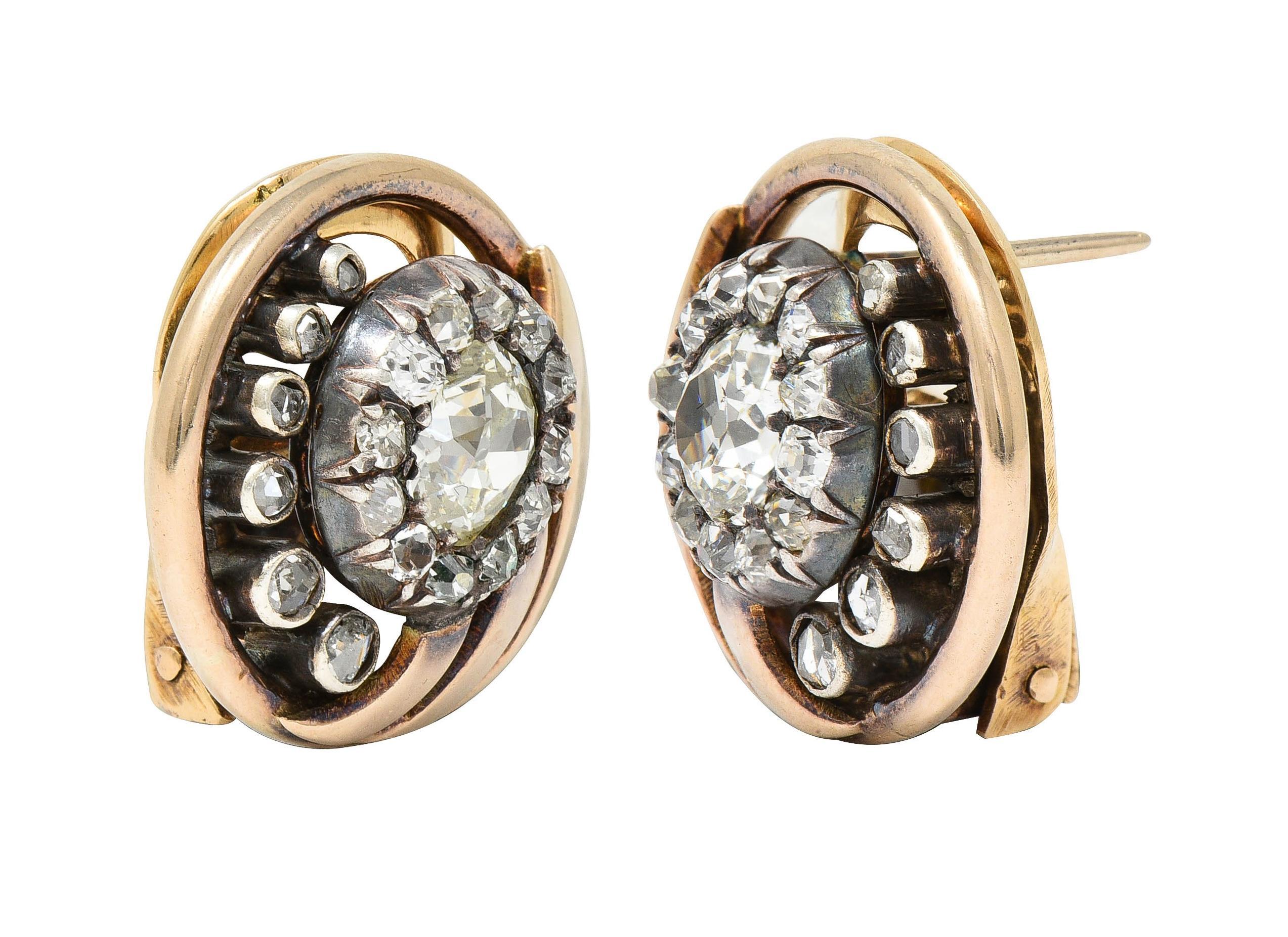 Victorian Old Mine Diamond Silver 14 Karat Rose Gold Circle Antique Earrings In Excellent Condition For Sale In Philadelphia, PA