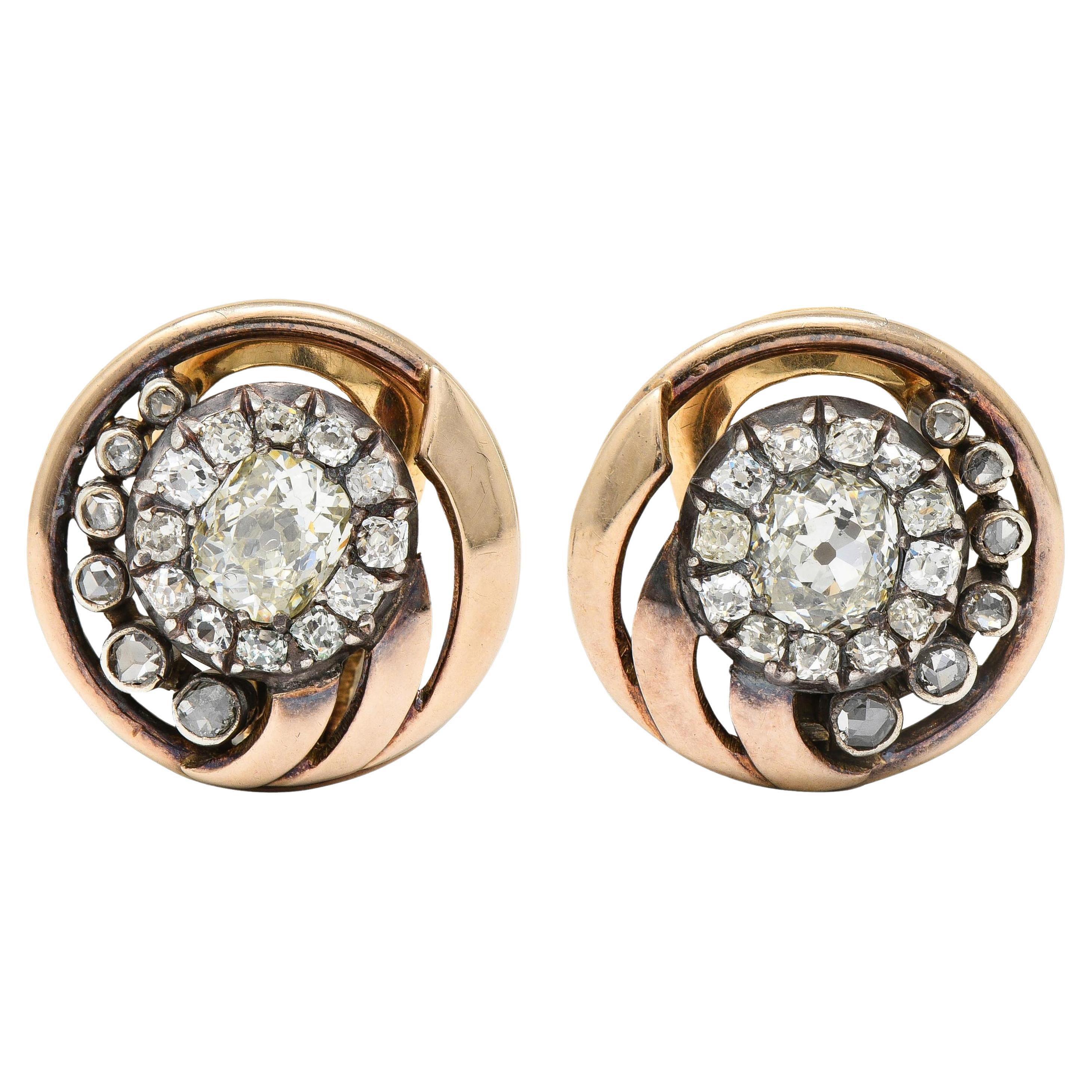Victorian Old Mine Diamond Silver 14 Karat Rose Gold Circle Antique Earrings For Sale