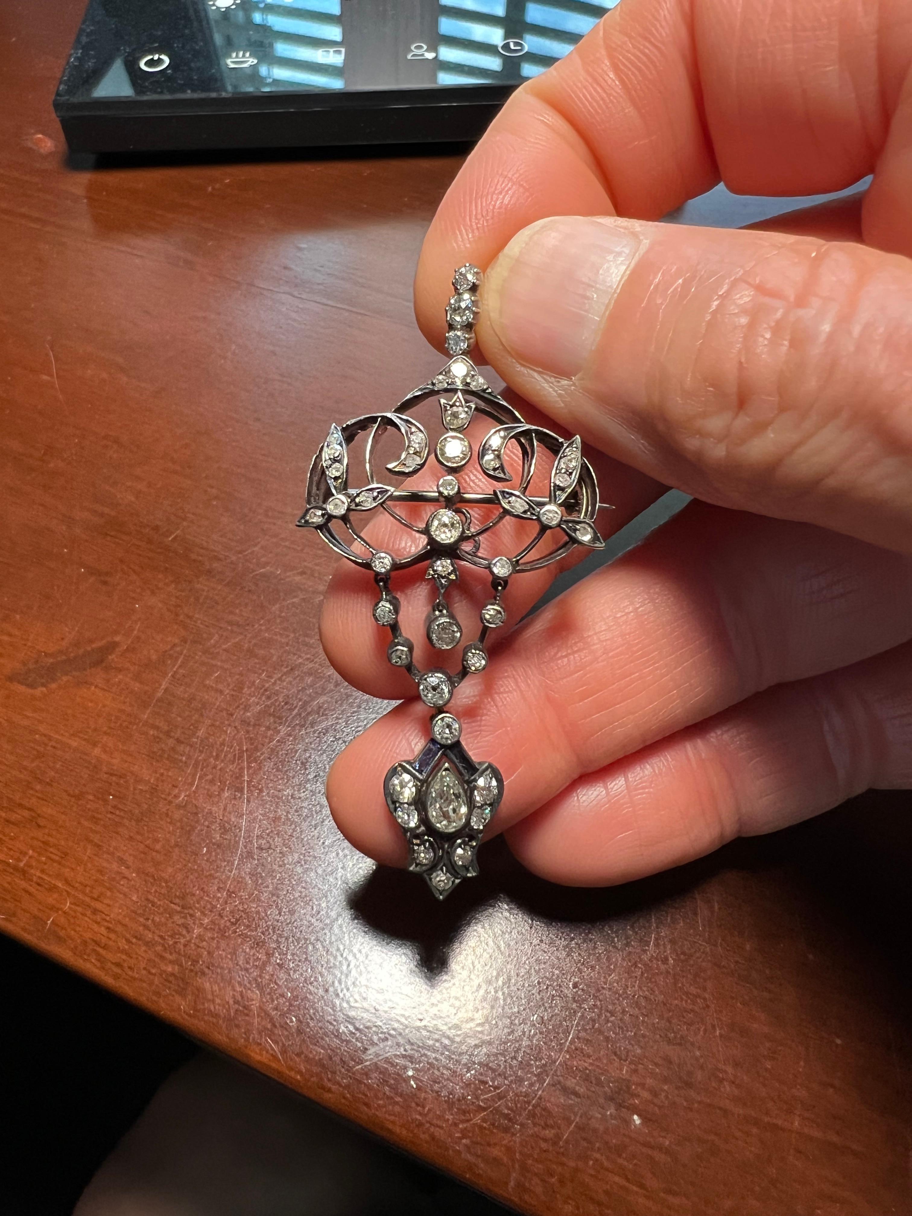 Taglio vecchia miniera Ciondolo a spilla in oro e argento con diamanti Old Mine vittoriano, circa 1890 in vendita