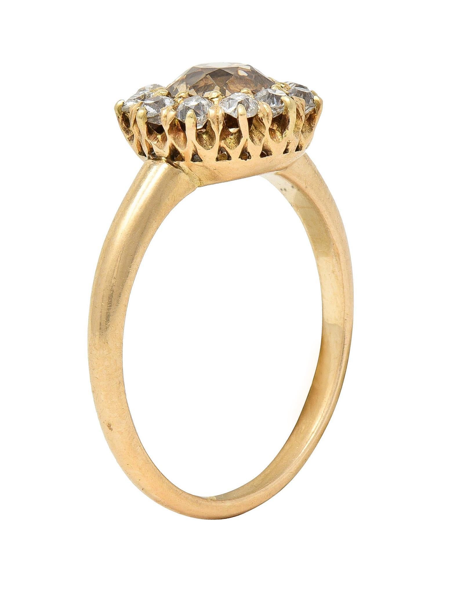 Victorian Old Mine Fancy Brown Diamond 14 Karat Gold Antique Halo Ring For Sale 5