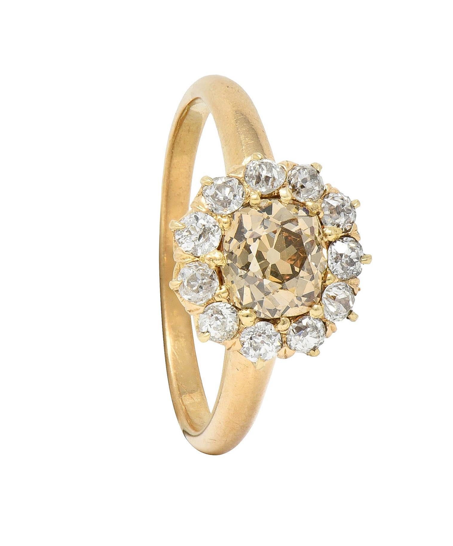 Victorian Old Mine Fancy Brown Diamond 14 Karat Gold Antique Halo Ring 6