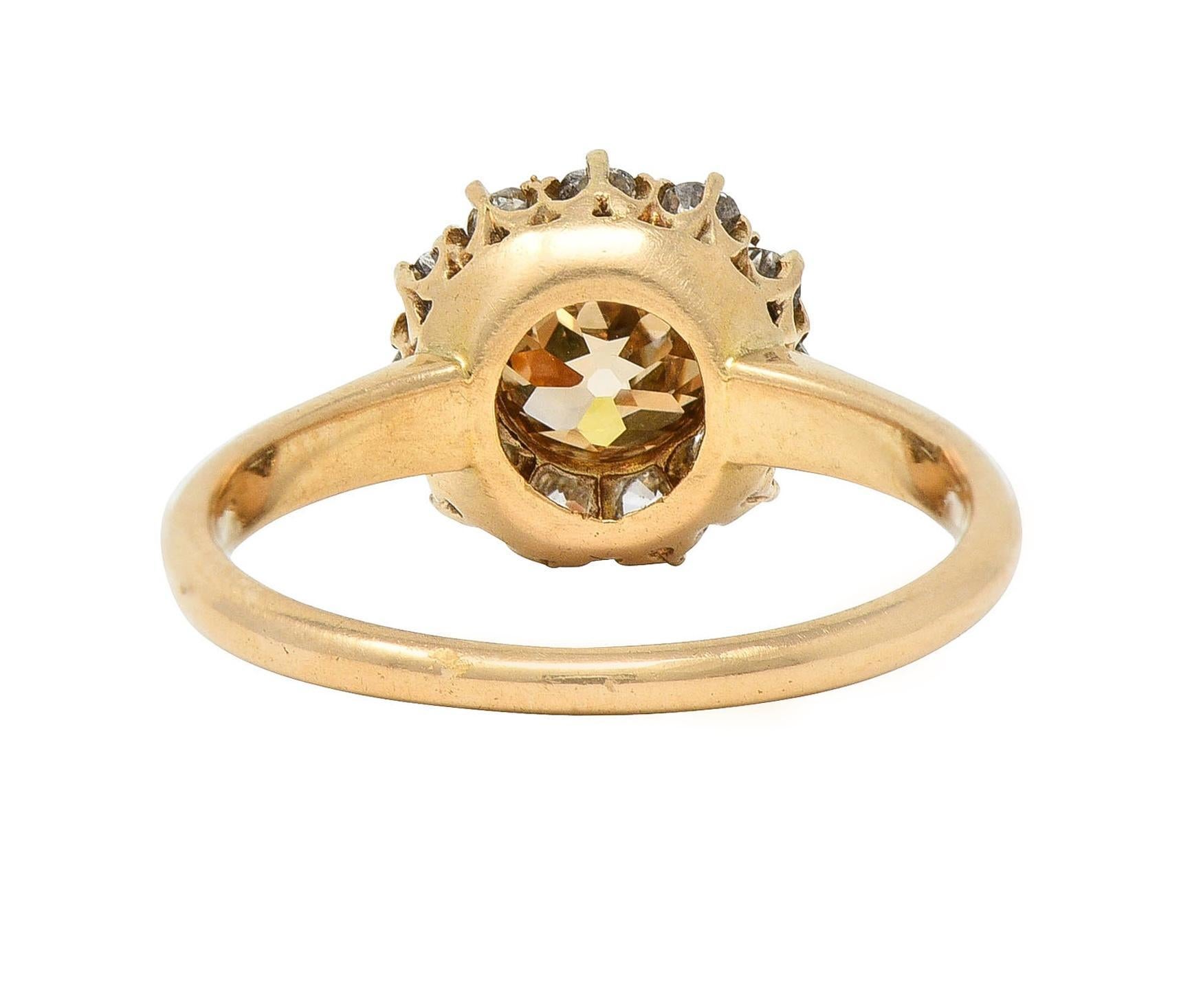 Victorian Old Mine Fancy Brown Diamond 14 Karat Gold Antique Halo Ring In Excellent Condition In Philadelphia, PA