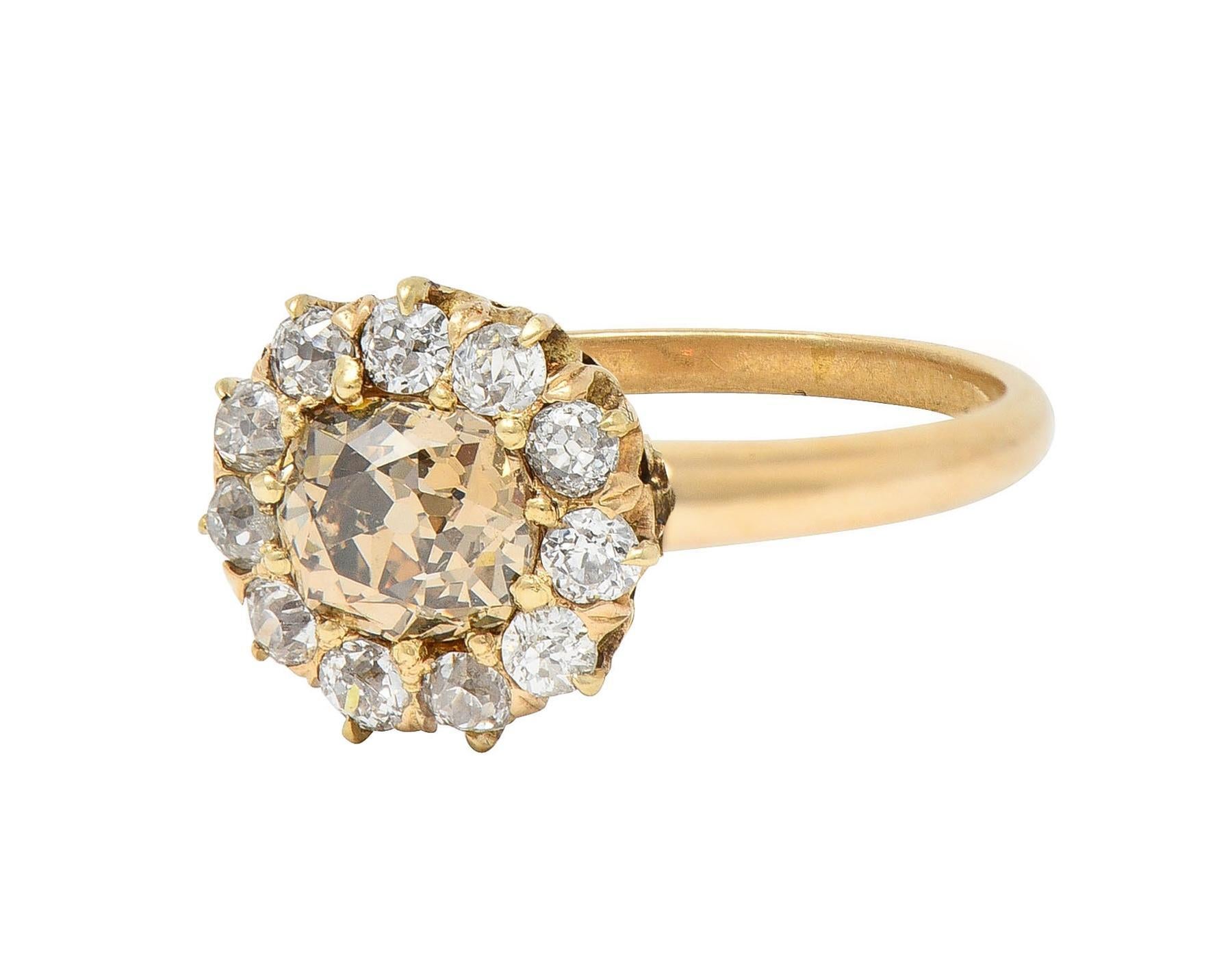 Victorian Old Mine Fancy Brown Diamond 14 Karat Gold Antique Halo Ring For Sale 1