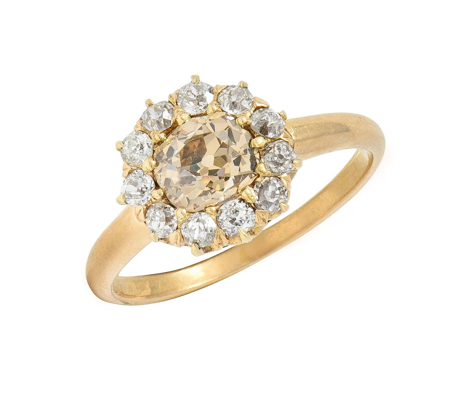 Victorian Old Mine Fancy Brown Diamond 14 Karat Gold Antique Halo Ring For Sale 2