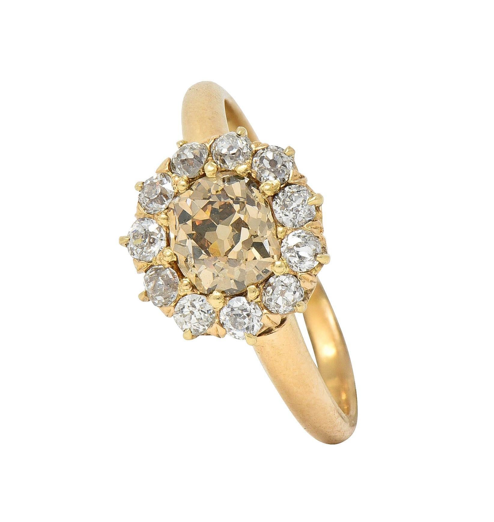 Victorian Old Mine Fancy Brown Diamond 14 Karat Gold Antique Halo Ring For Sale 4