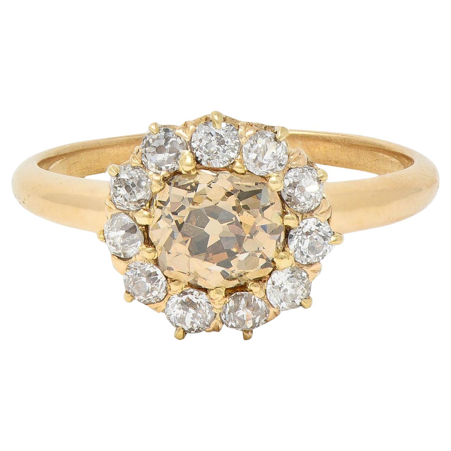 Victorian Old Mine Fancy Brown Diamond 14 Karat Gold Antique Halo Ring For Sale