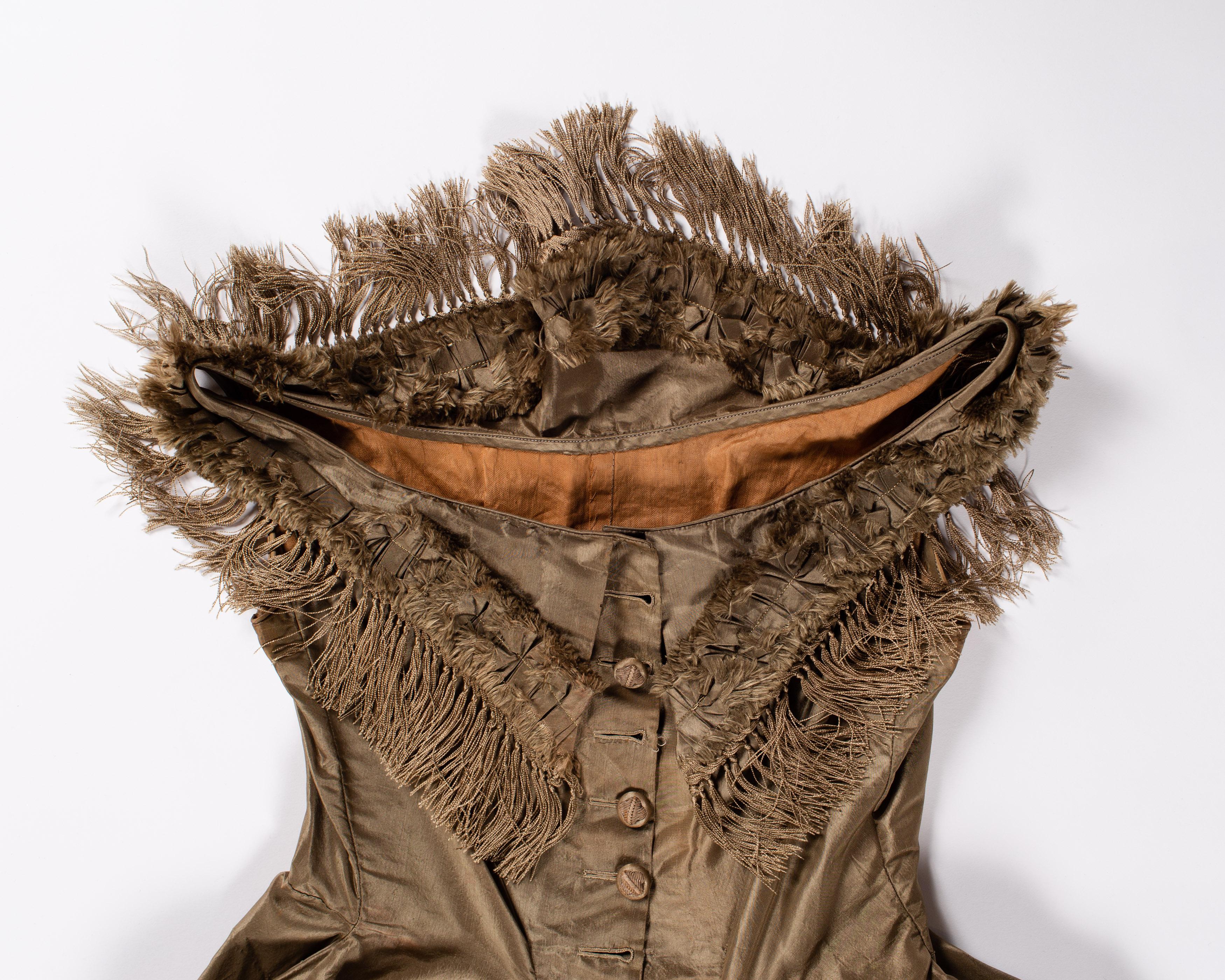 Brown Victorian Olive Green Silk Taffeta  1850S Top With Fringe