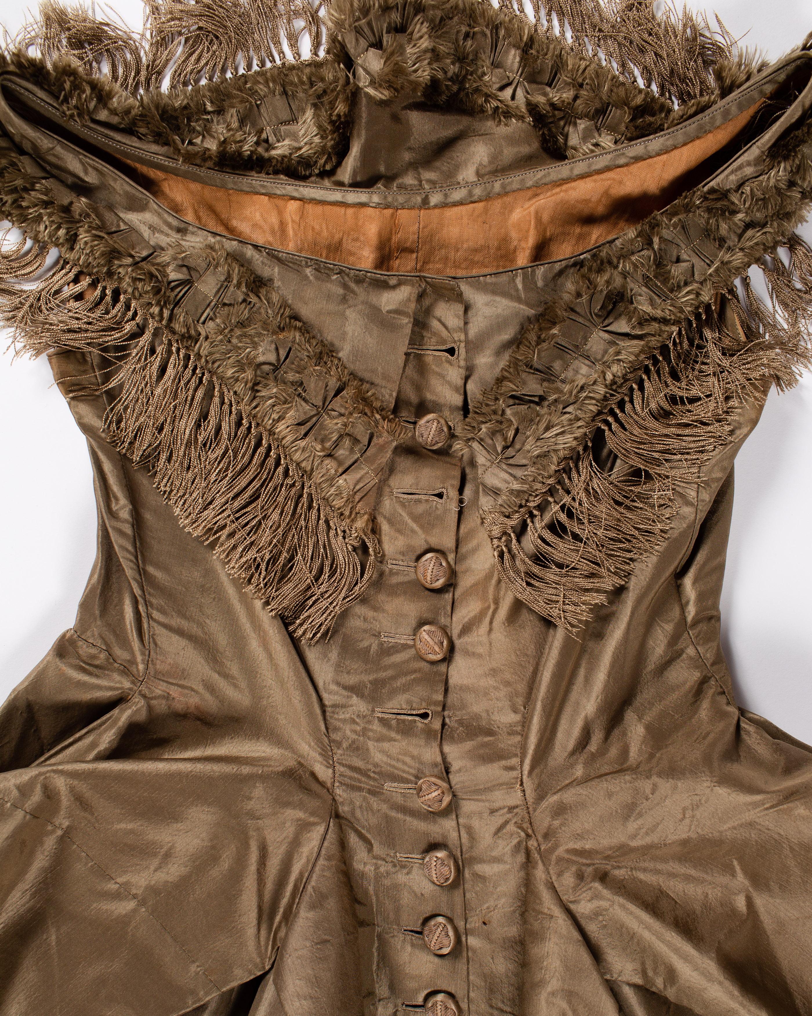 Victorian Olive Green Silk Taffeta  1850S Top With Fringe In Excellent Condition In New York, NY