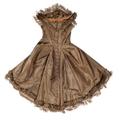 Tafetán Victoriano de Seda Verde Oliva  1850S Top con flecos