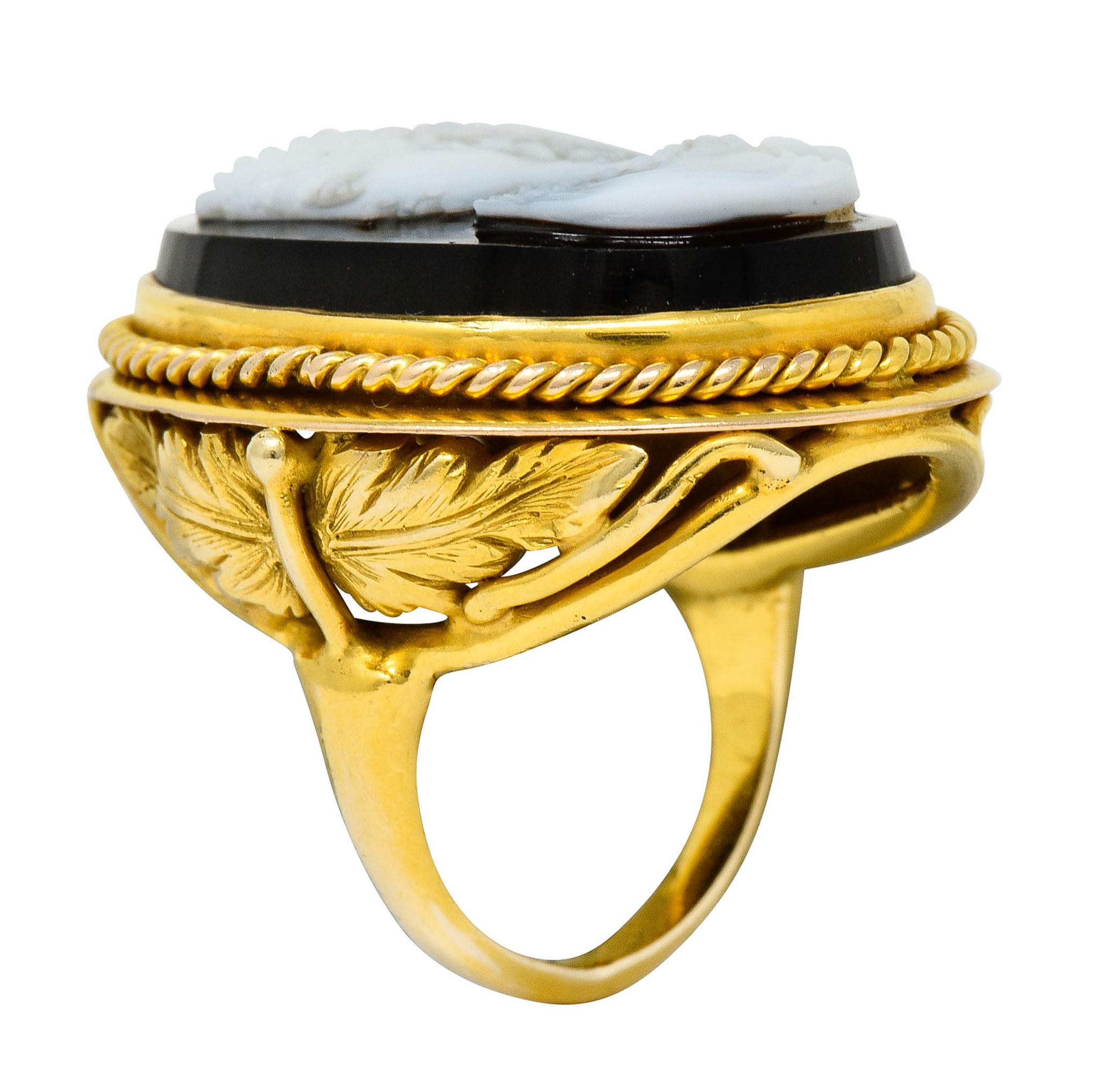 Victorian Onyx 14 Karat Gold Ornate Cameo Ring, circa 1900 4