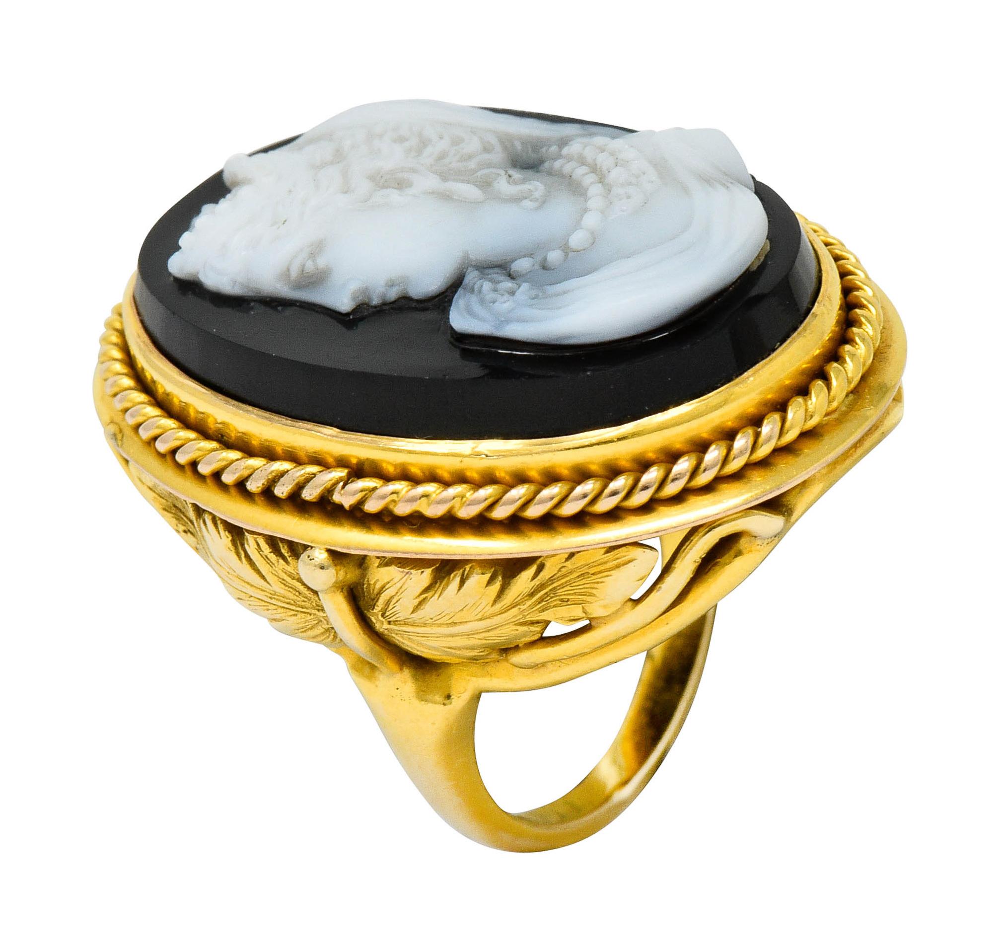 Victorian Onyx 14 Karat Gold Ornate Cameo Ring, circa 1900 5