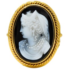 Antique Victorian Onyx 14 Karat Gold Ornate Cameo Ring, circa 1900