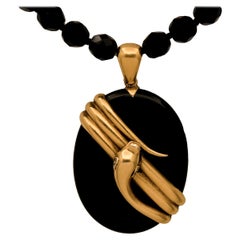 Victorian Onyx and 15 Karat Yellow Gold Snake Locket on Faceted Onyx Bead Chain