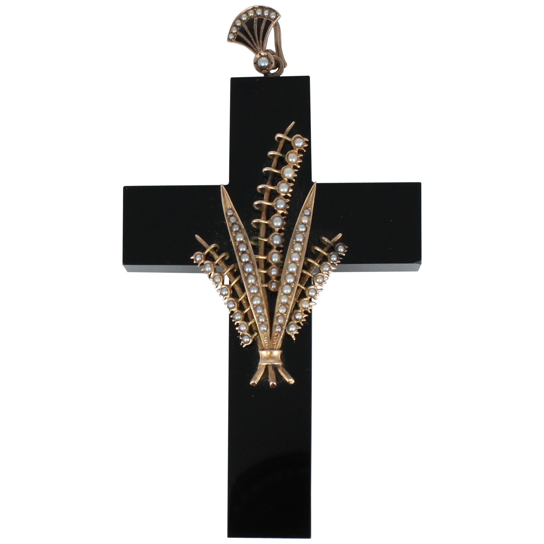Victorian Onyx and Pearl Mourning Cross in 14 Karat Rose Gold