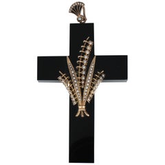 Victorian Onyx and Pearl Mourning Cross in 14 Karat Rose Gold