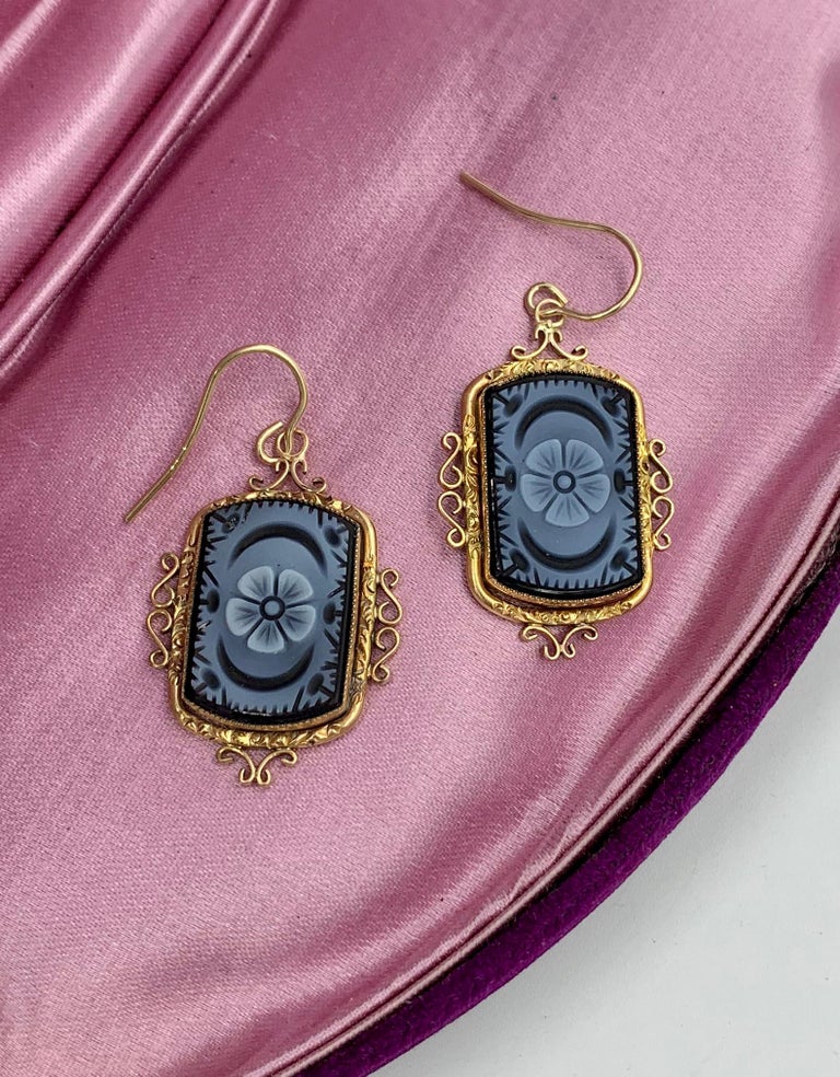 Victorian Onyx Cameo Flower Dangle Drop Earrings 14 Karat Gold at
