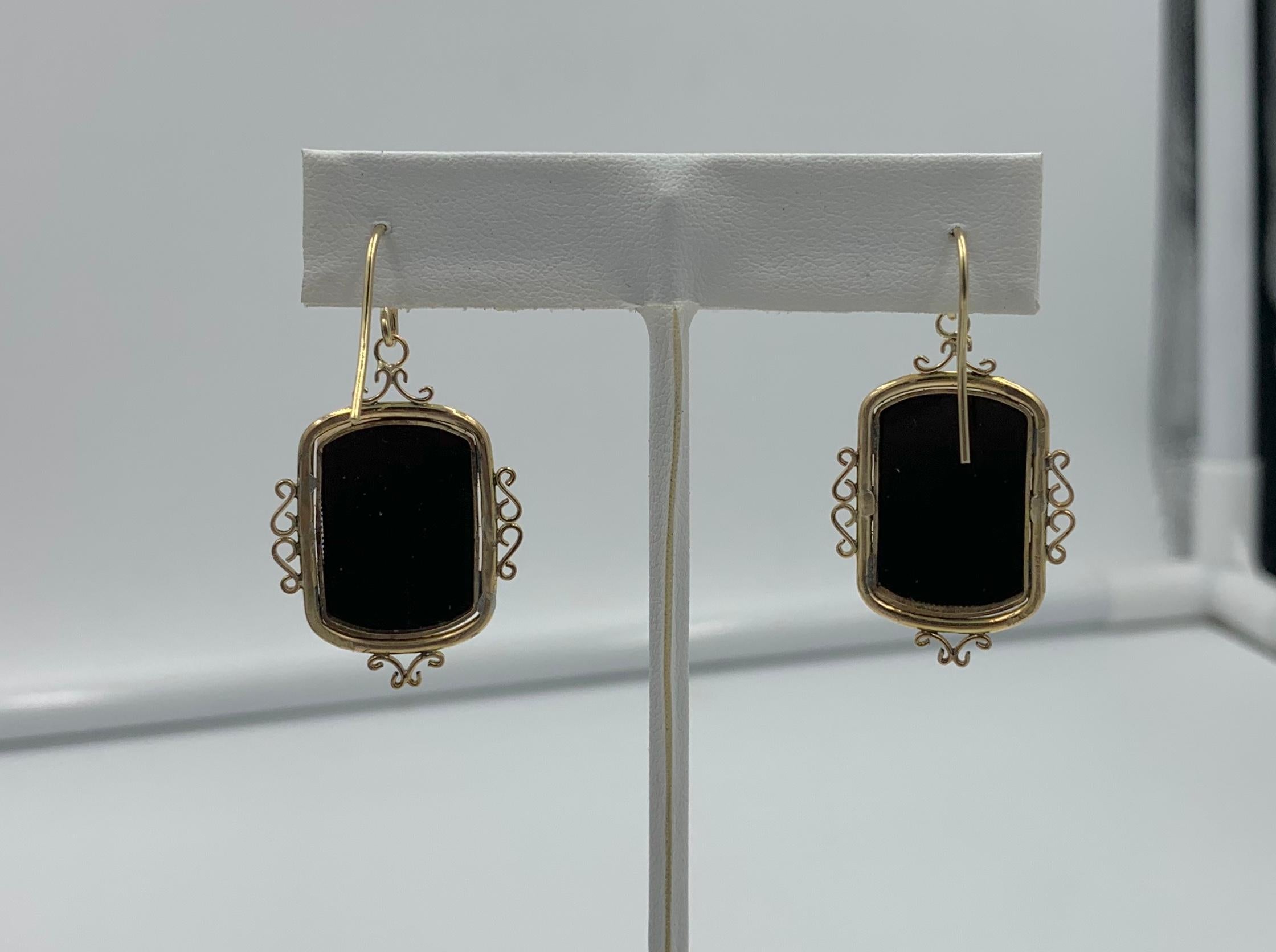 Mixed Cut Victorian Onyx Cameo Flower Dangle Drop Earrings 14 Karat Gold For Sale