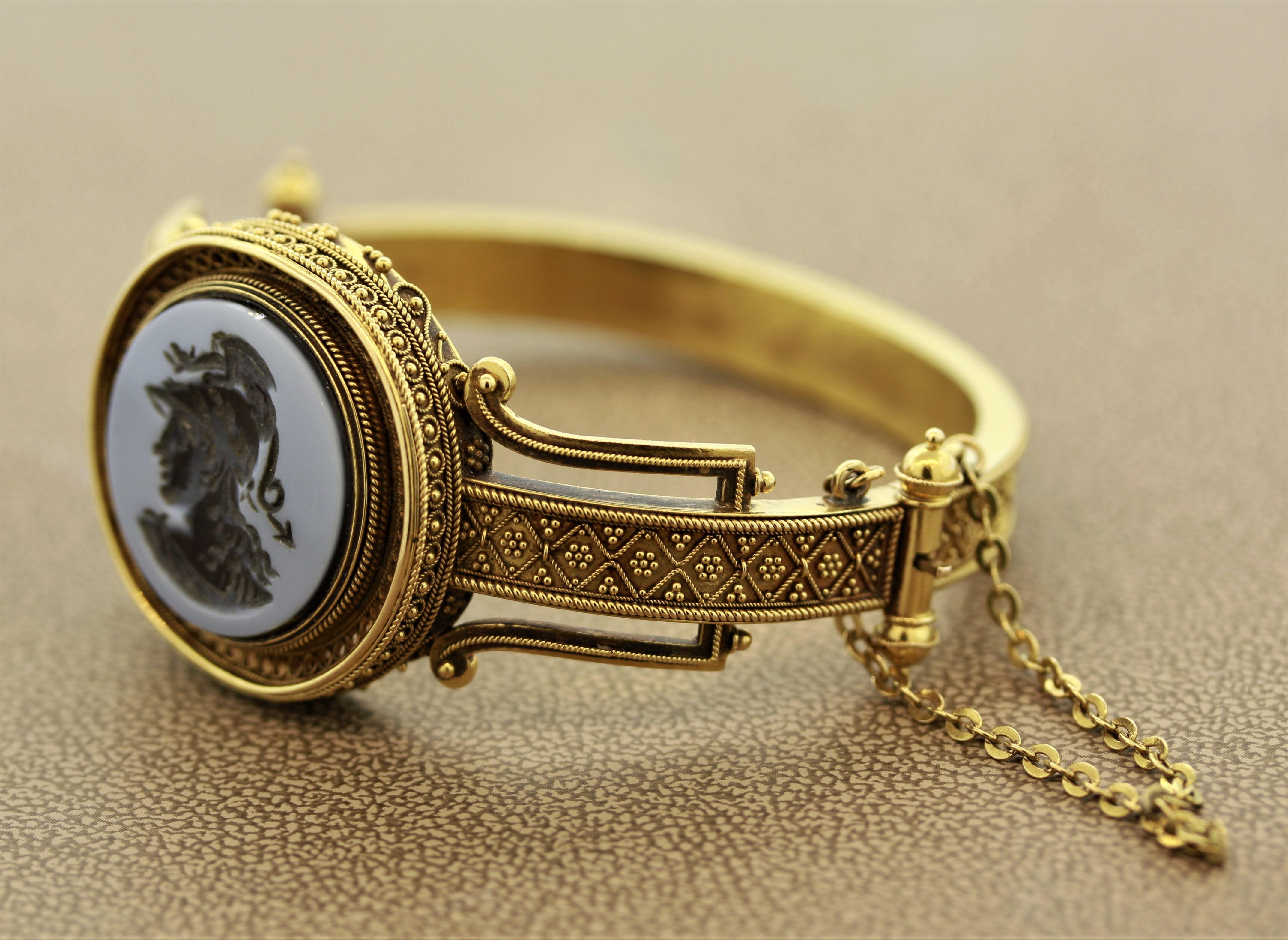 Round Cut Victorian Onyx Cameo Gold Bangle Bracelet