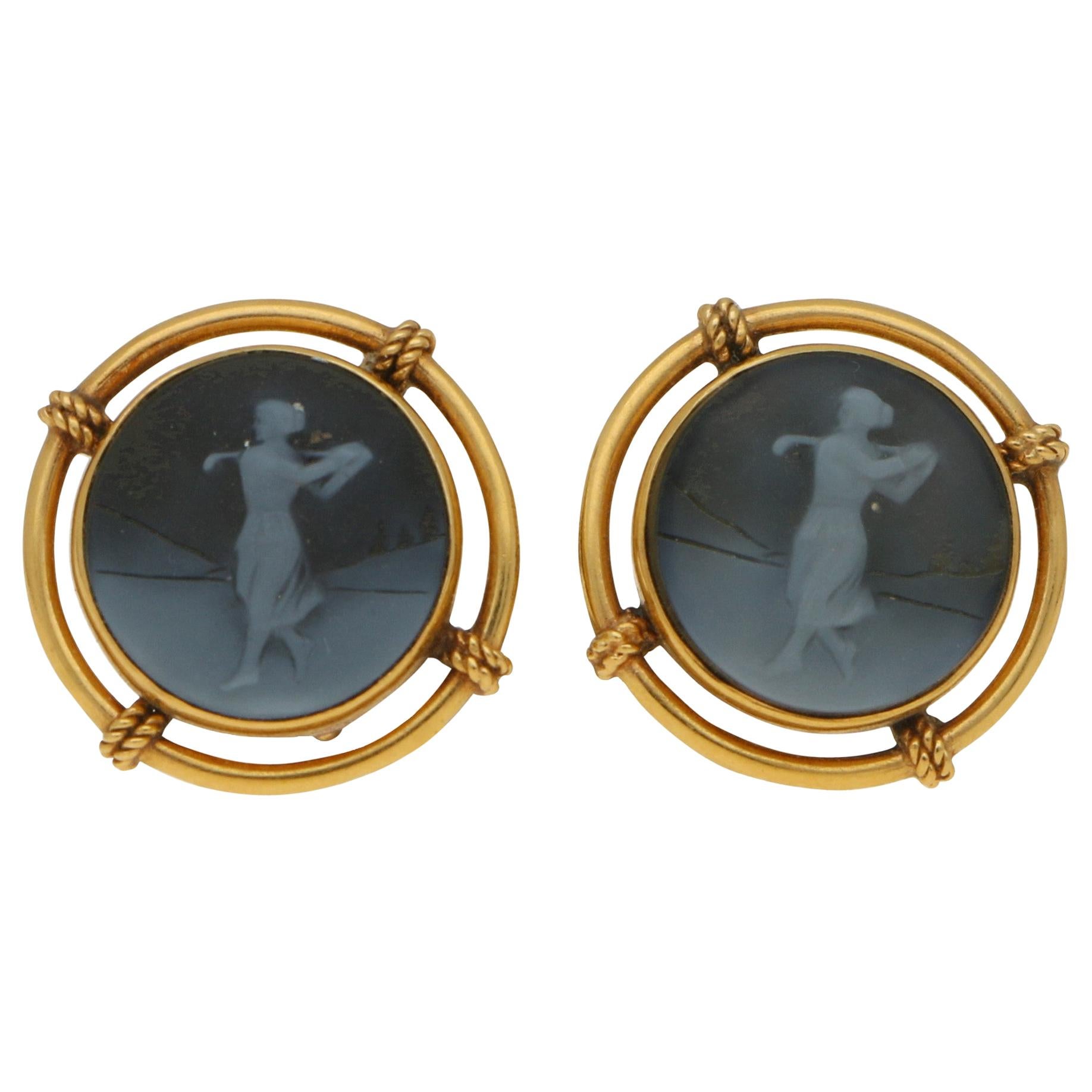 Victorian Onyx Cameo 'Lady Playing Golf' Earrings in Yellow Gold